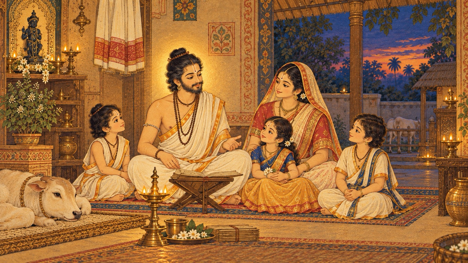 अपने परिवार के बीच कृतज्ञ अतिथि के समान शान्तिपूर्वक बैठा, चिन्ताजनक आसक्ति से अछूता गृहस्थ