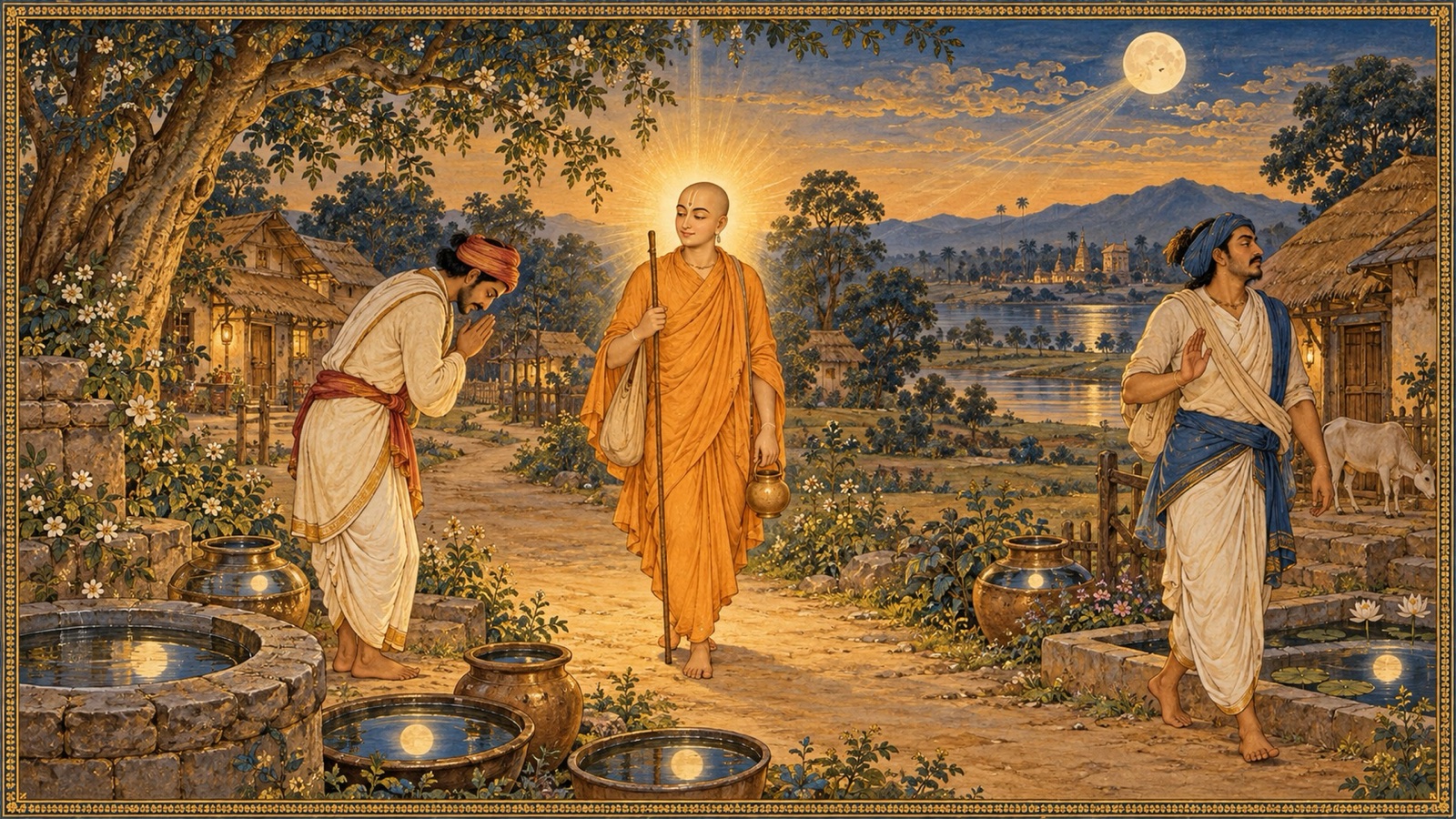 एक श्रद्धापूर्वक झुकते तथा दूसरे मुँह मोड़ते व्यक्ति के बीच अविचलित खड़ा शान्त परिव्राजक, समस्त में एक आत्मा का संकेत देता कोमल तेज