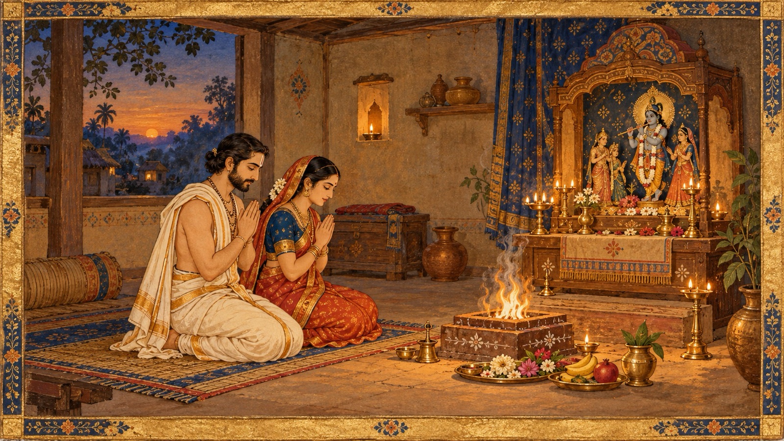 एक गृहस्थ दम्पति घर के छोटे मन्दिर तथा पावन अग्नि के समक्ष हाथ जोड़कर साथ पूजा करते हुए