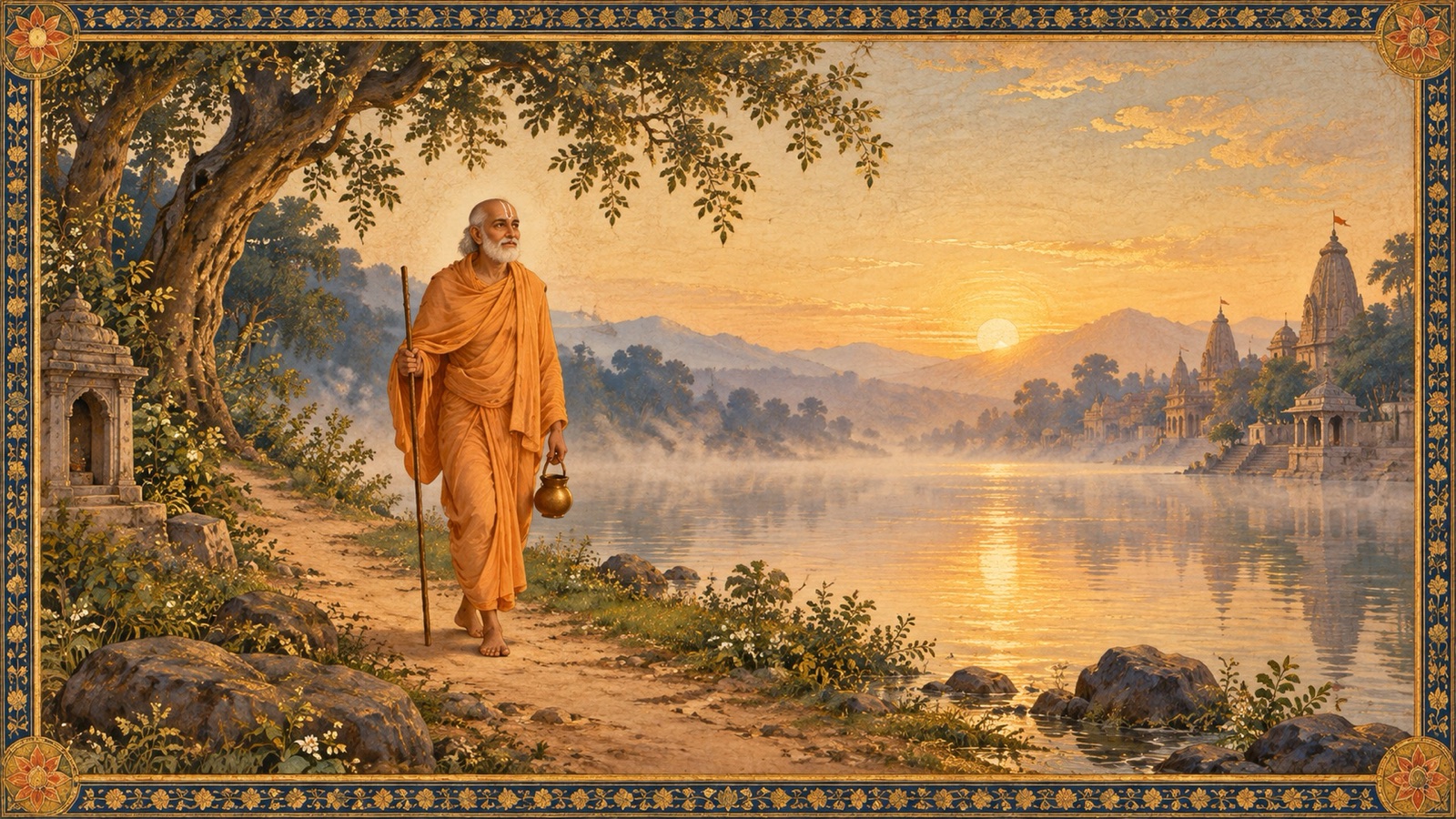 भोर में दण्ड तथा कमण्डलु लिए पावन भूमि पर चलता एकाकी, अन्तर्शान्ति से तेजस्वी संन्यासी