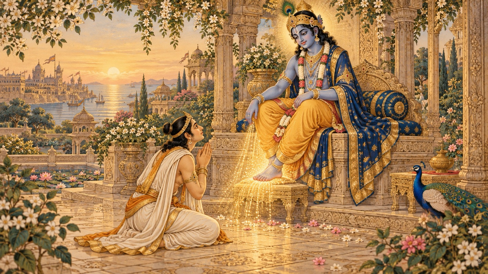 संसार के त्रिविध दुःख से शरण माँगते हुए हाथ जोड़कर भगवान् कृष्ण से प्रार्थना करते उद्धव
