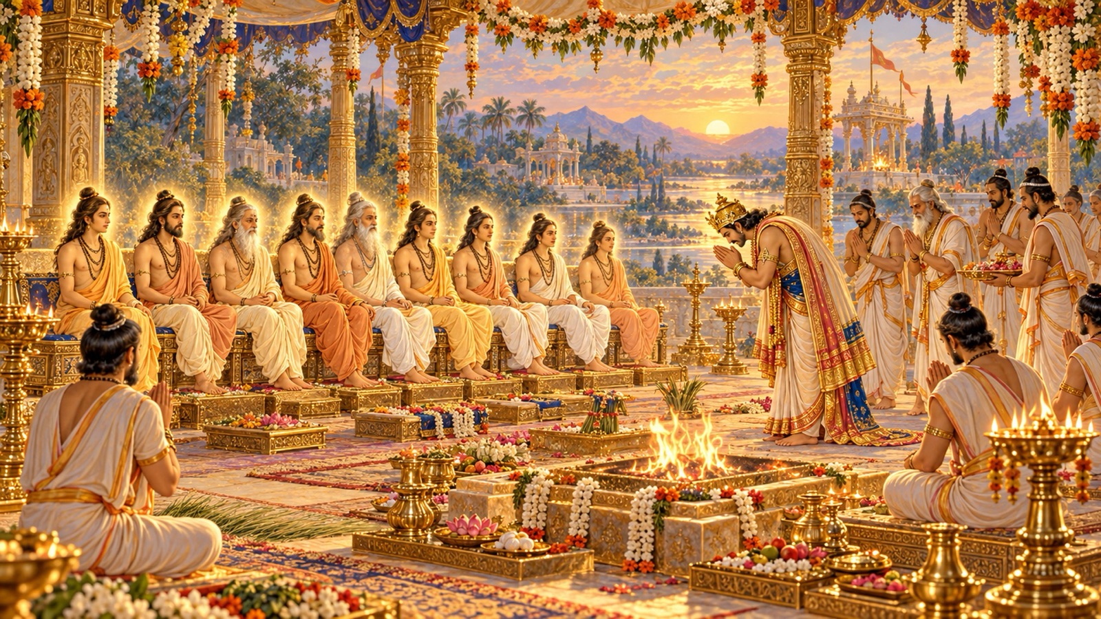अपने ऋत्विजों तथा पवित्र अग्नियों सहित नौ सूर्य-समान ऋषियों के स्वागत के लिए उठते राजा निमि