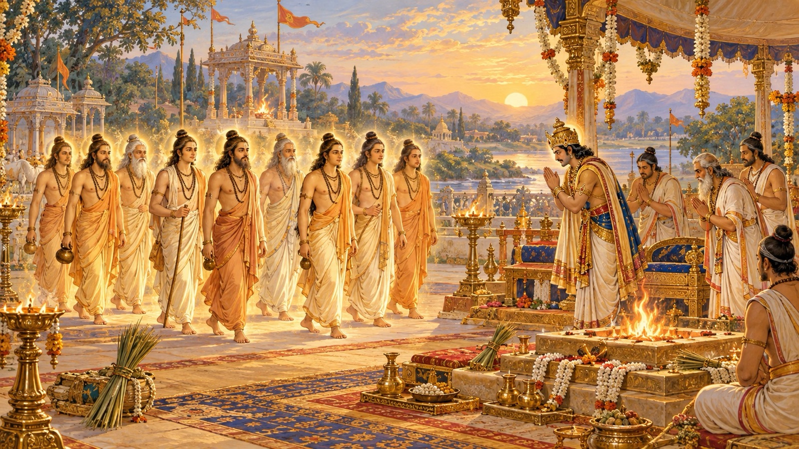 राजा निमि के यज्ञ में पधारते नौ तेजस्वी ऋषि-भ्राता, जिनके स्वागत के लिए राजा अपने ऋत्विजों सहित उठ खड़े होते हैं