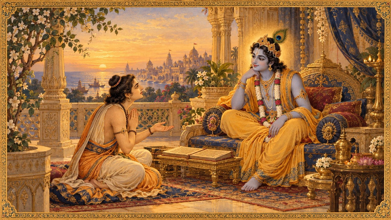 हाथ जोड़े उद्धव भगवान् कृष्ण से पूछते हुए कि वेद के आदेश-निषेध किस प्रकार मुक्ति तक ले जा सकते हैं