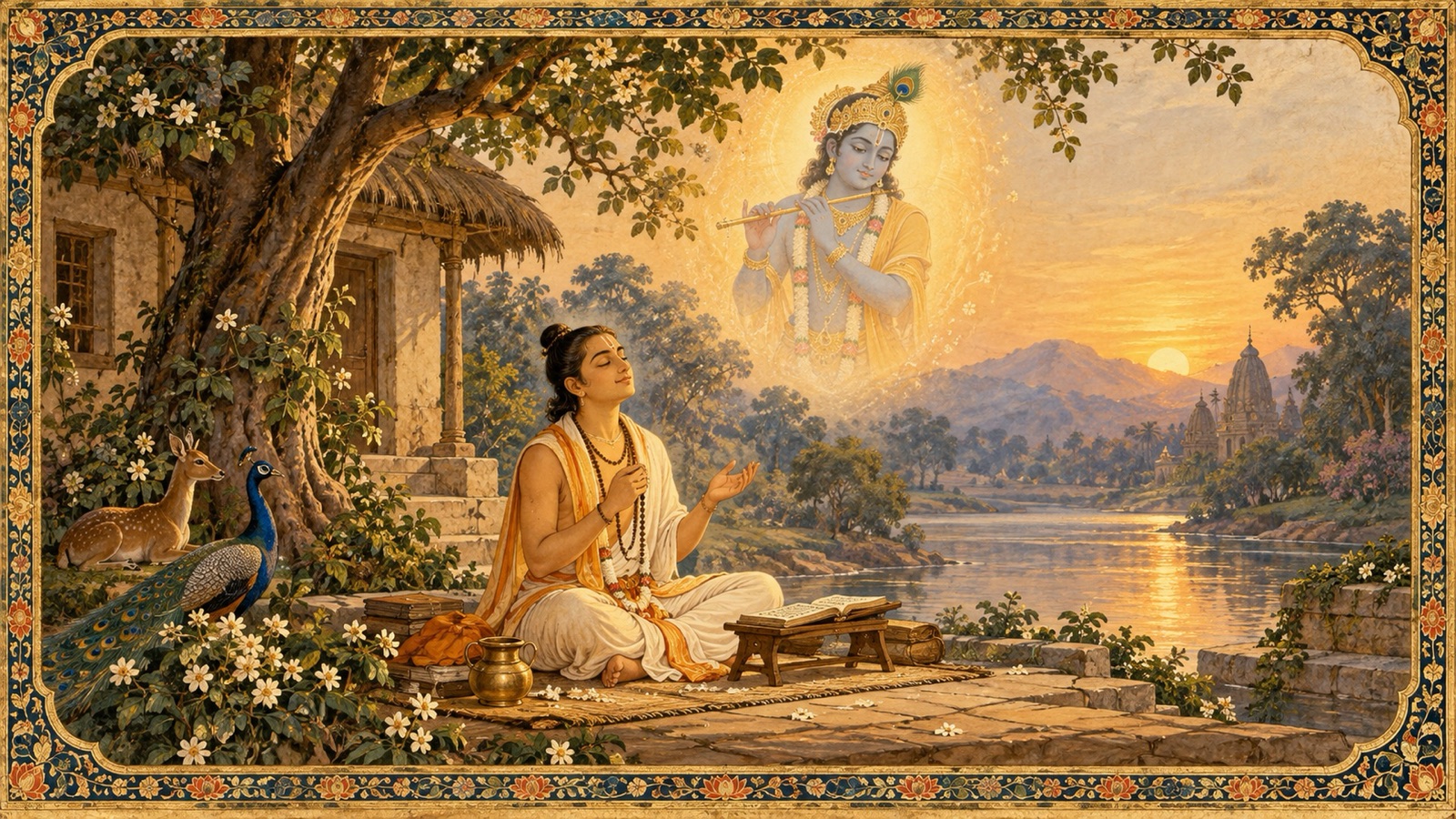 भगवान् कृष्ण की कथा-कीर्तन में लीन एक भक्त, न संसार से उद्विग्न न उसमें आसक्त