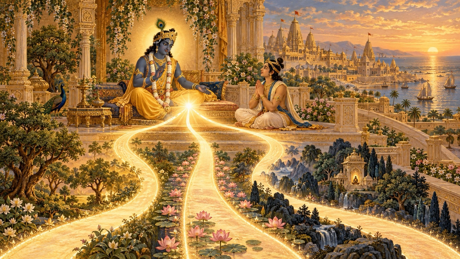 भगवान् कृष्ण उद्धव को ज्ञान, कर्म तथा भक्ति के तीन मार्ग भगवान् की ओर जाते हुए दिखाते हुए