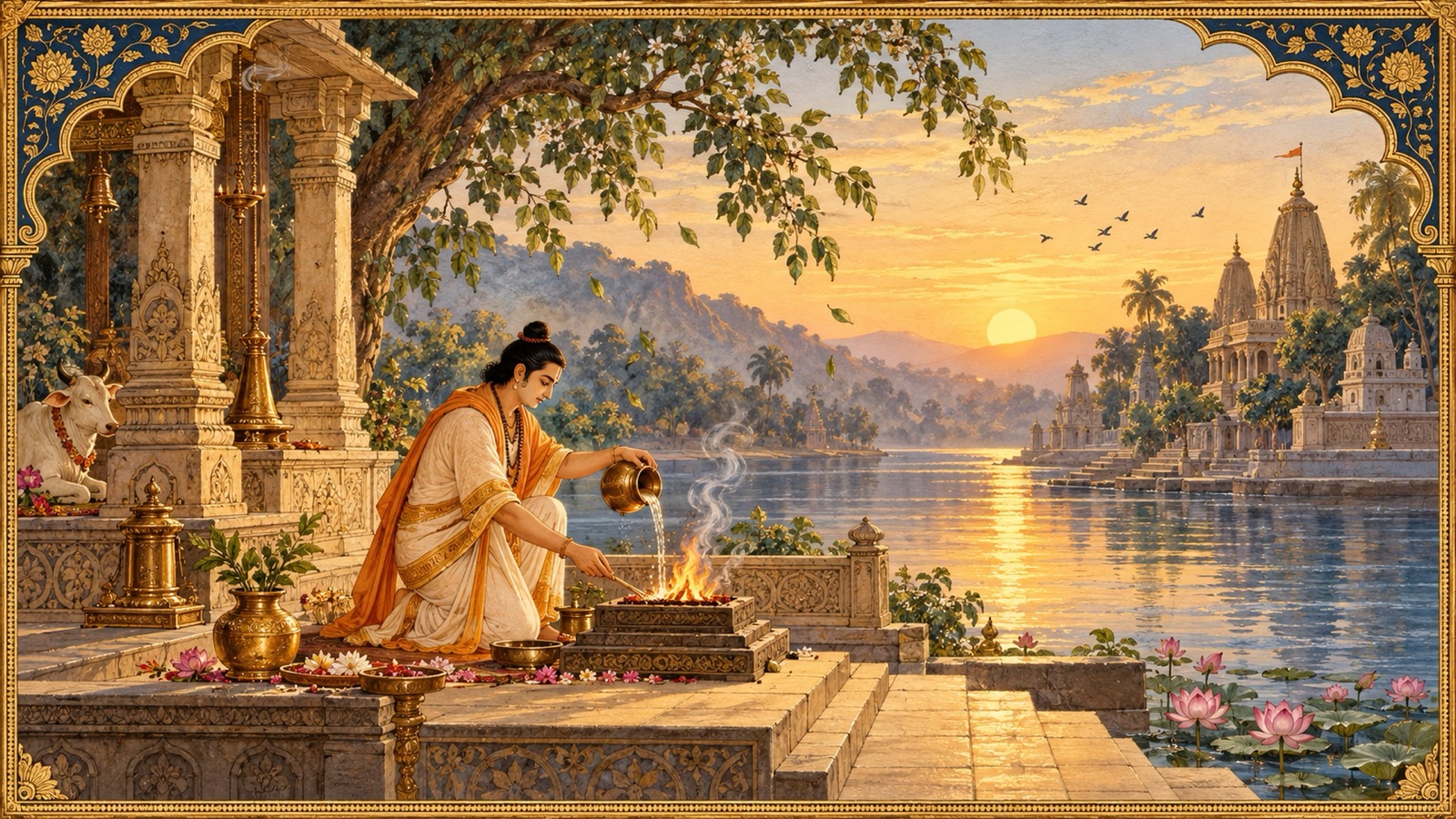 जल तथा अग्नि से पावन शुद्धिकरण करता एक भक्त, शास्त्र द्वारा वस्तु तथा आत्मा दोनों की शुद्धि के अनेक मार्गों का प्रतीक