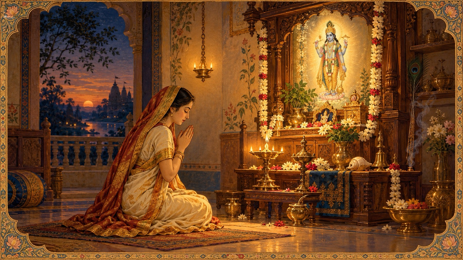 भगवान् का स्मरण करते हुए श्रद्धापूर्वक पूजा अर्पित करता एक भक्त, मन्त्र की शुद्धि तथा उन्हें अर्पित कर्म का प्रतीक