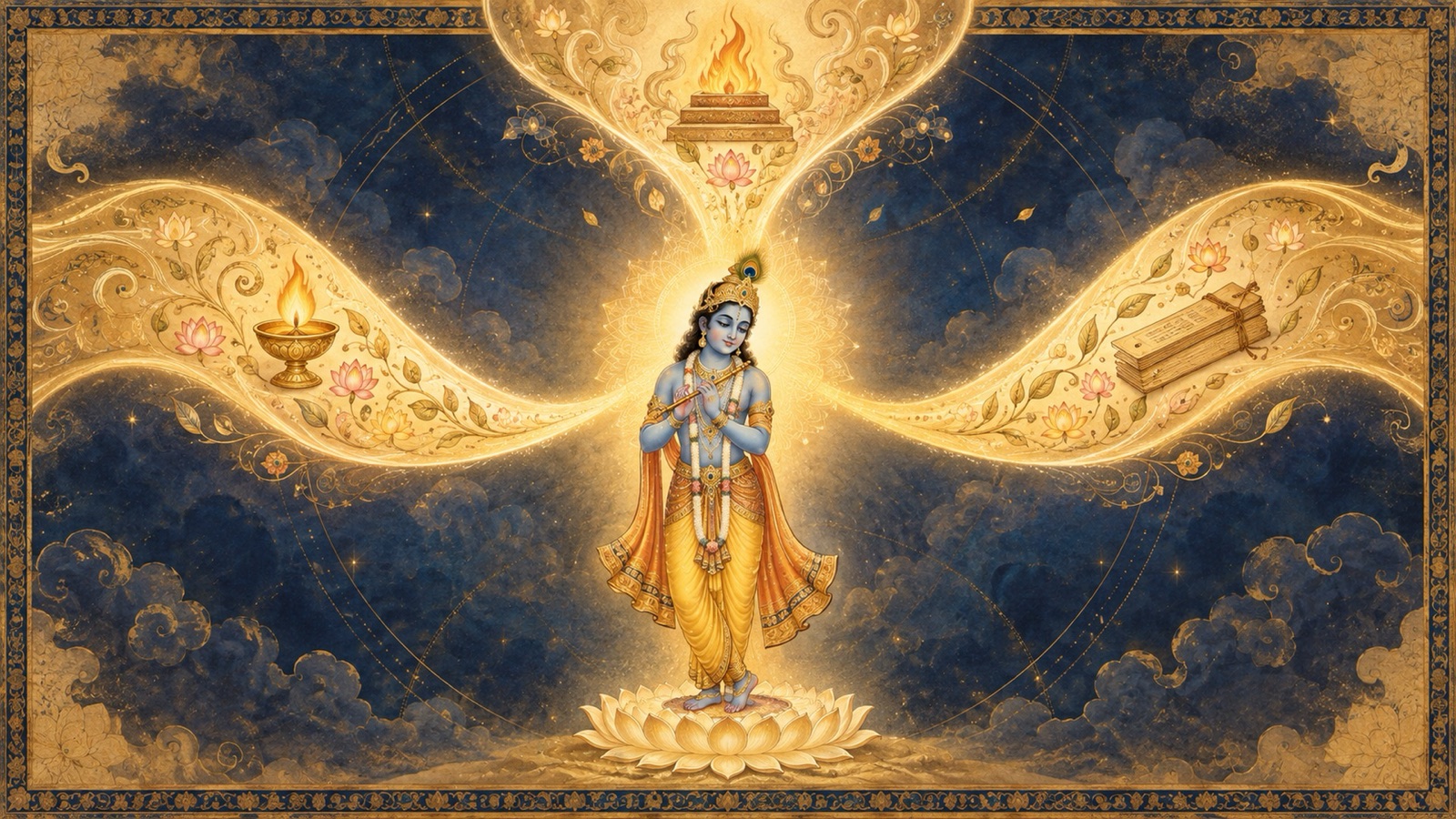 शास्त्र की तीन दीप्तिमान धाराएँ भगवान् के एक तेजस्वी रूप में संगम करती हुईं, वेदों के तीन काण्डों के उन्हीं में एकत्व का प्रतीक