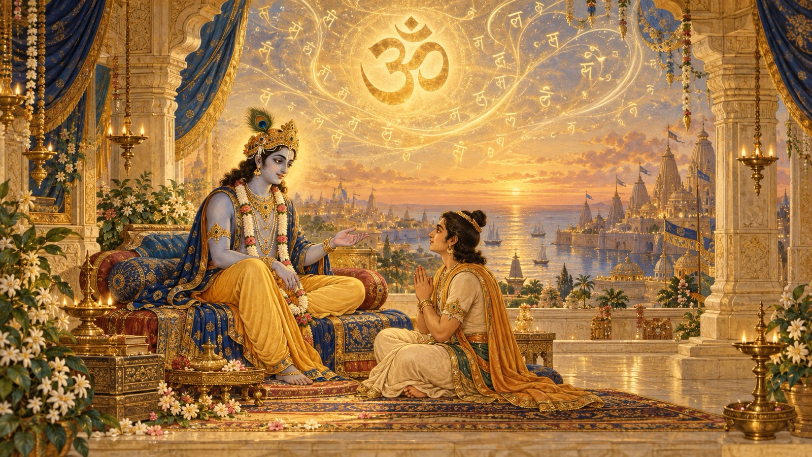 द्वारका में उद्धव को उपदेश देते भगवान् श्रीकृष्ण, साथ में पावन ॐ तथा शास्त्र का दिव्य प्रकाश वेदों के गुप्त मार्ग का संकेत देते हुए
