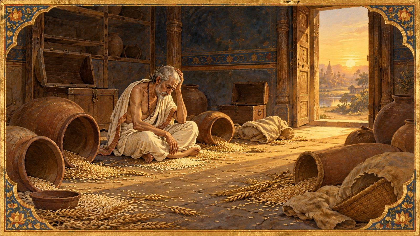 सम्पूर्ण धन खो जाने के पश्चात् अपने रिक्त भण्डार के समक्ष बैठा अवन्ति का ब्राह्मण