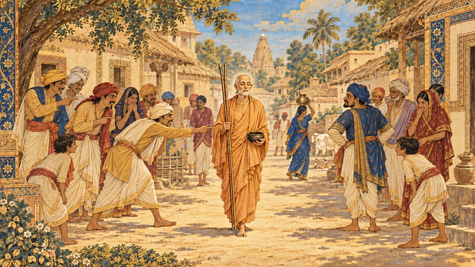 उपहास करती उदासीन भीड़ के मध्य गम्भीरता से खड़ा एक शान्त परिव्राजक भिक्षु