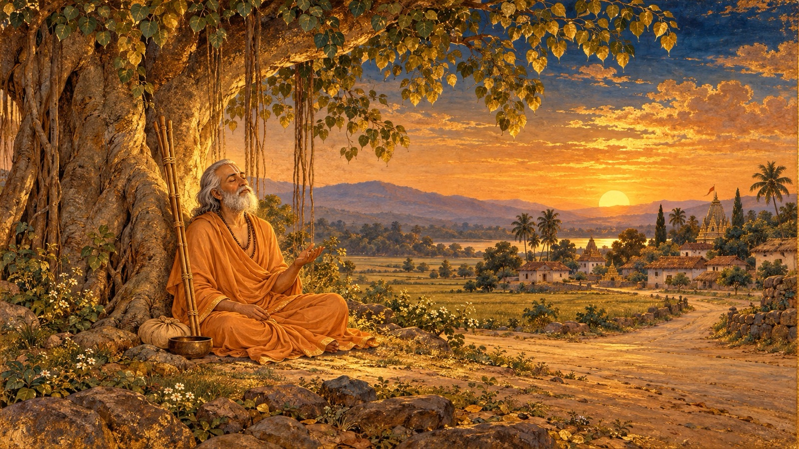 अवन्ति का एक शान्त परिव्राजक भिक्षु, सम्पूर्ण धन खोने के पश्चात् दिव्य शान्ति में बैठकर अपना पावन गीत गाता हुआ