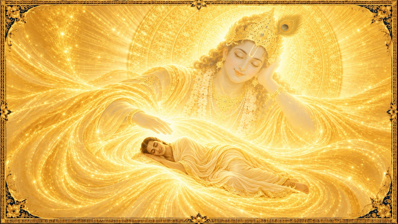 भगवान् कृष्ण के तेज में पूर्ण शान्ति से विश्राम करता, प्रकृति के तीन गुणों से मुक्त एक तेजस्वी जीव
