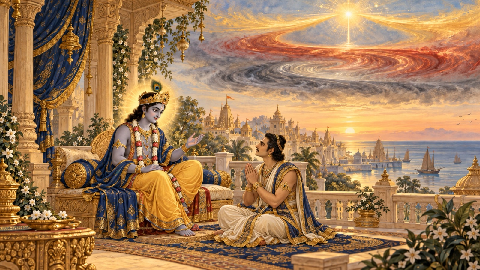 द्वारका में उद्धव को उपदेश देते भगवान् कृष्ण, जिनके चतुर्दिक् प्रकृति के तीन गुण — सत्त्व, रजस् तथा तमस् — जीव को घेरे हुए हैं