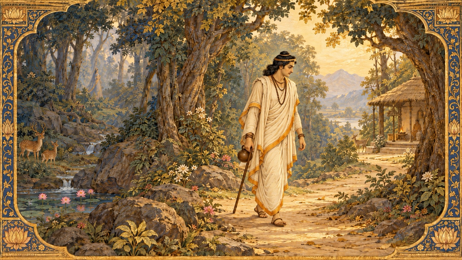 राजा पुरूरवा वन की ओर जाती, सुसज्जित तथा मर्यादित वस्त्रों में दूर खड़ी उर्वशी से मुख मोड़ते हुए