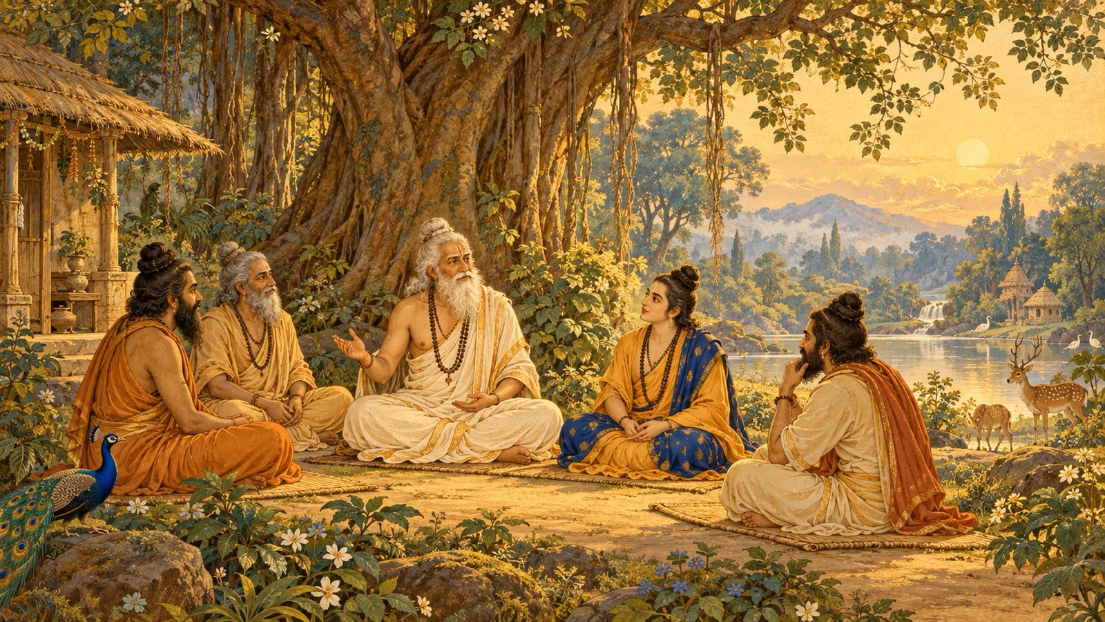 शान्त ऋषियों की एक सभा, पावन संवाद में एक साथ बैठी हुई