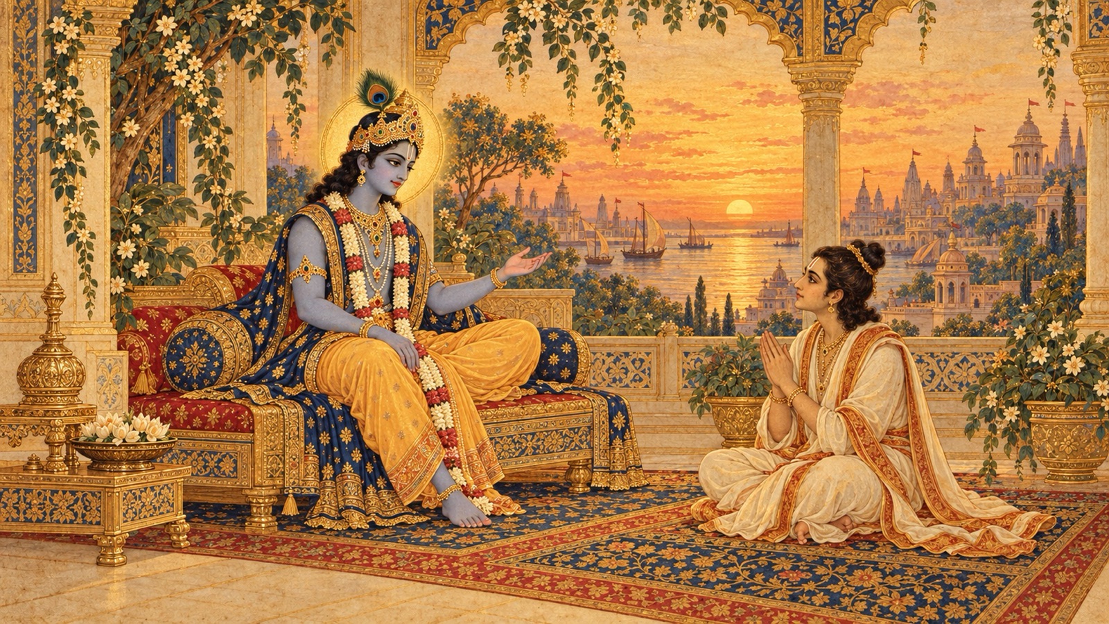 सायंकाल की स्वर्णिम आभा में उद्धव के साथ बैठे भगवान् कृष्ण, सन्तों की महिमा पर अपना उपदेश पूर्ण करते हुए