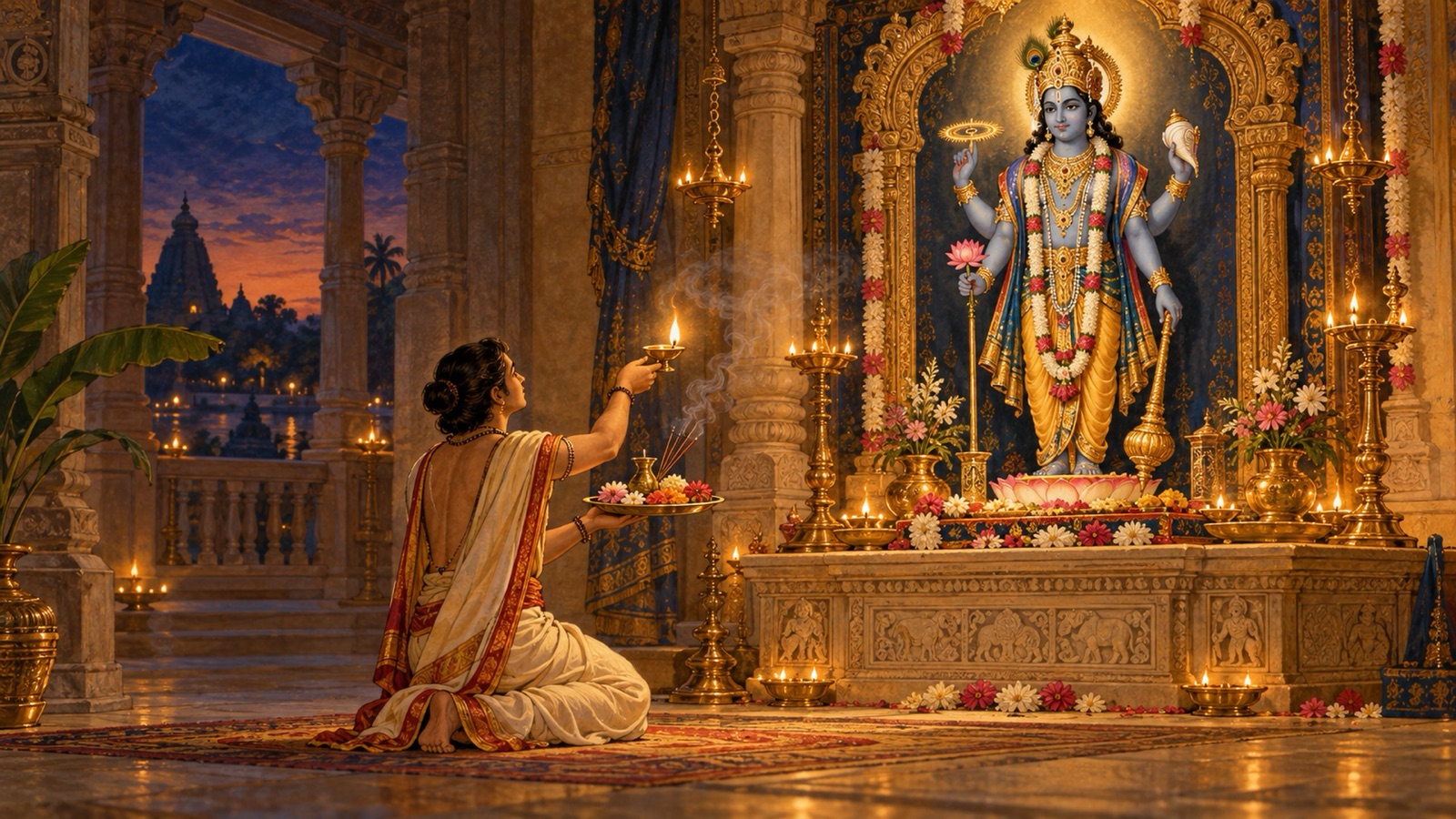 एक भक्त मन्दिर में भगवान् की पवित्र प्रतिमा के समक्ष दीप तथा पुष्प अर्पित करते हुए