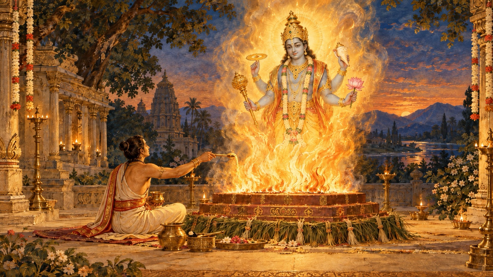एक भक्त हवन करते हुए, ज्वालाओं में भगवान् के तेजोमय चतुर्भुज रूप का ध्यान करते हुए