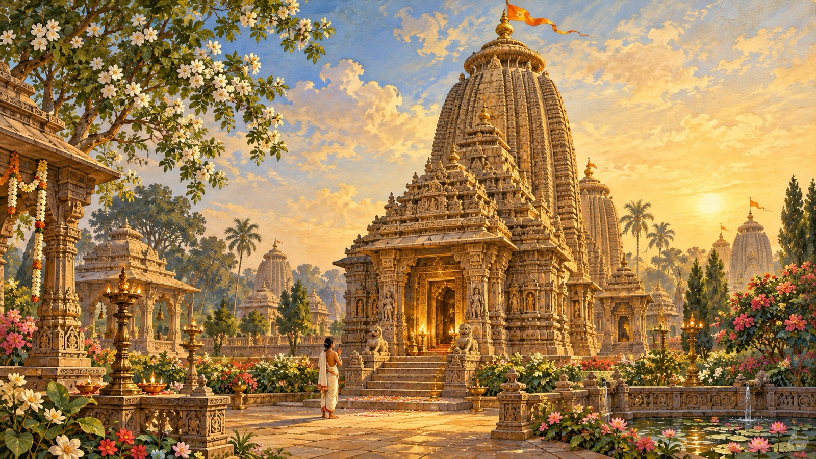पुष्प-उद्यानों से घिरा शास्त्रीय कलिंग शैली का विष्णु-मन्दिर, एक भक्त द्वारा प्रेमपूर्वक निर्मित