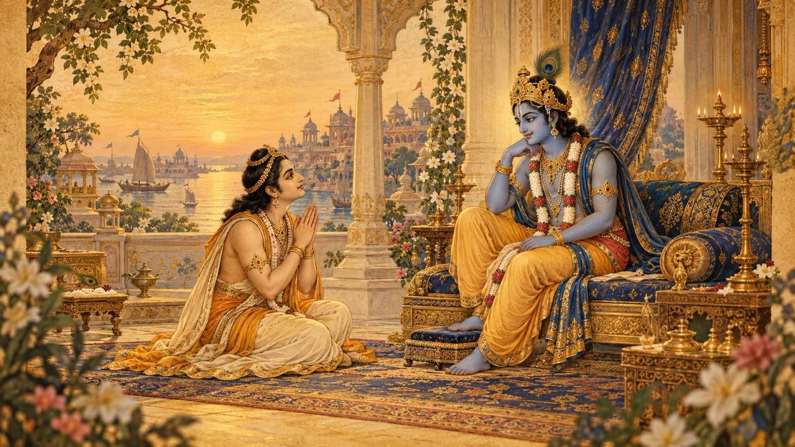 उद्धव हाथ जोड़े भगवान् श्रीकृष्ण से पूछते हुए कि जन्म-मृत्यु का चक्र वास्तव में किसको होता है