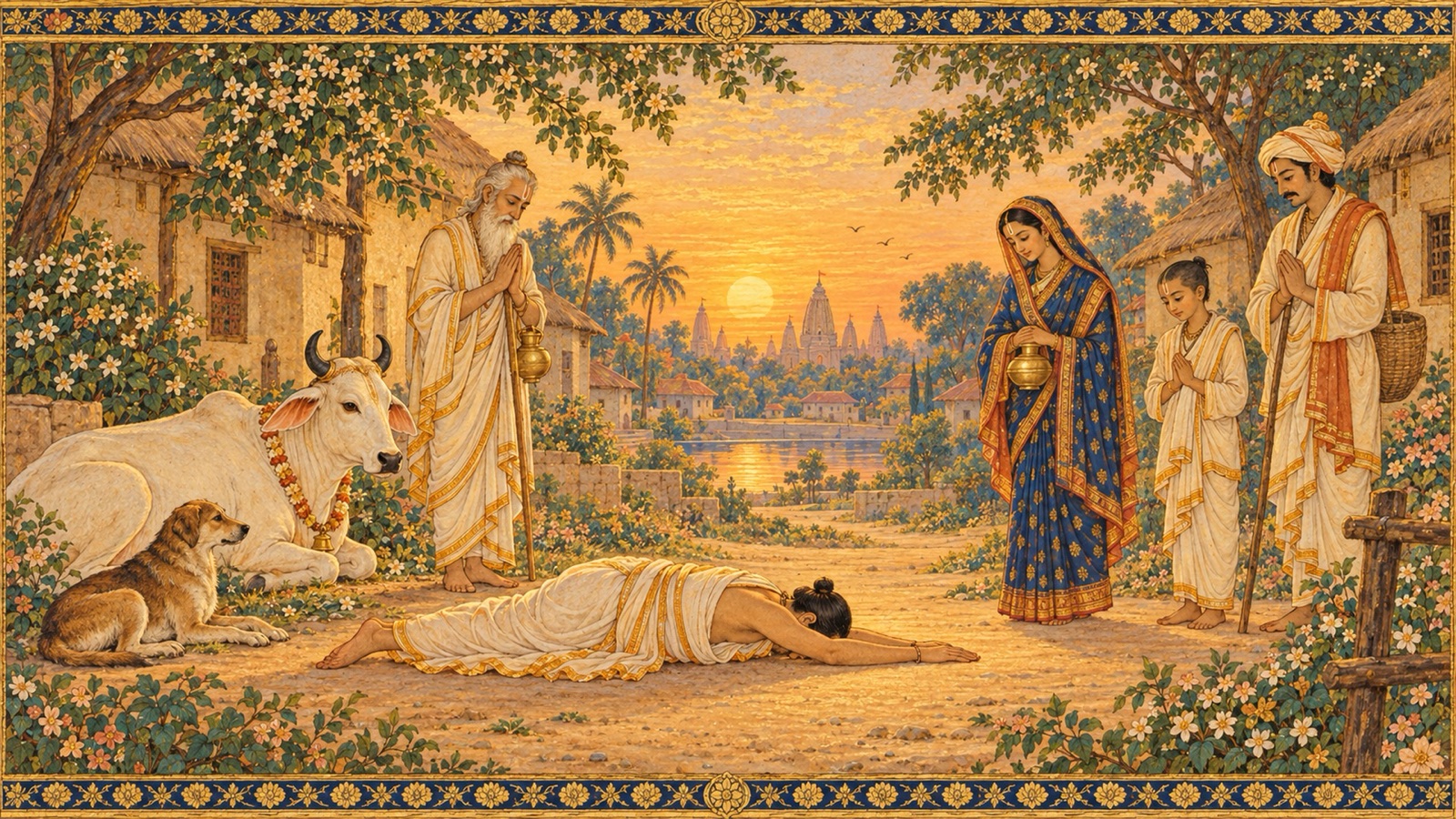 एक भक्त एक विनम्र कुत्ते, गौ, ग्रामवृद्ध तथा साधारण श्रमिक के समक्ष समान सम्मान से भूमि पर झुका हुआ