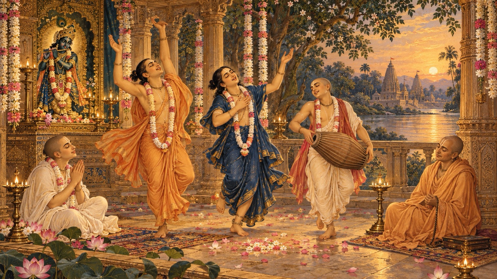 दिव्य प्रेम से भरे, गाते तथा नाचते हुए एक साथ श्रीहरि का स्मरण करते भक्त