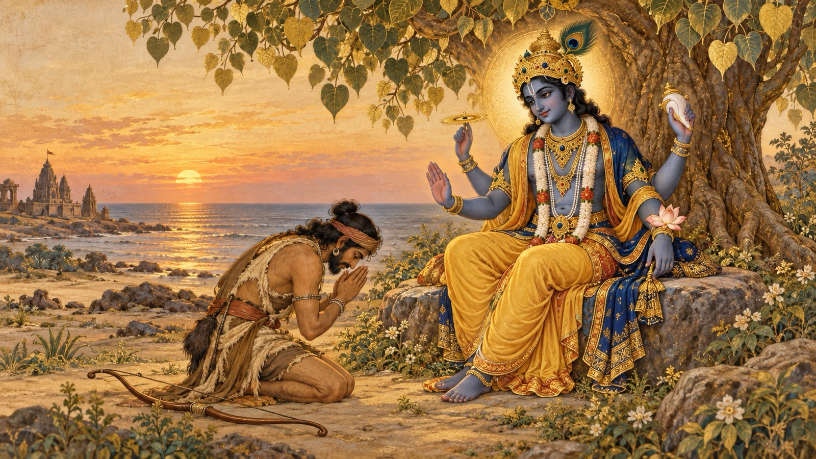 एक वृक्ष के नीचे करुणामय चतुर्भुज भगवान् श्रीकृष्ण के समक्ष पश्चात्ताप में झुका शिकारी जरा