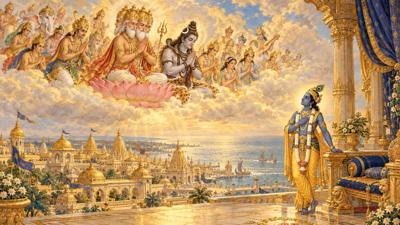 द्वारका के ऊपर आकाश में स्थित ब्रह्मा, शिव तथा देवगण, श्रीकृष्ण से अपने धाम लौटने की प्रार्थना करते हुए