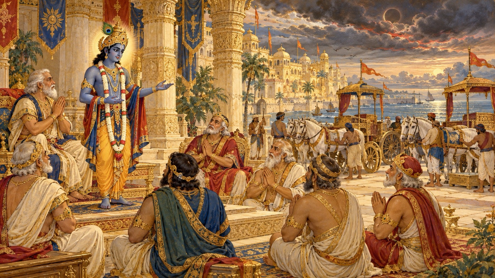 भयंकर अपशकुनों के मध्य यदुवंश के वृद्धों को पवित्र प्रभास को प्रस्थान का निर्देश देते श्रीकृष्ण