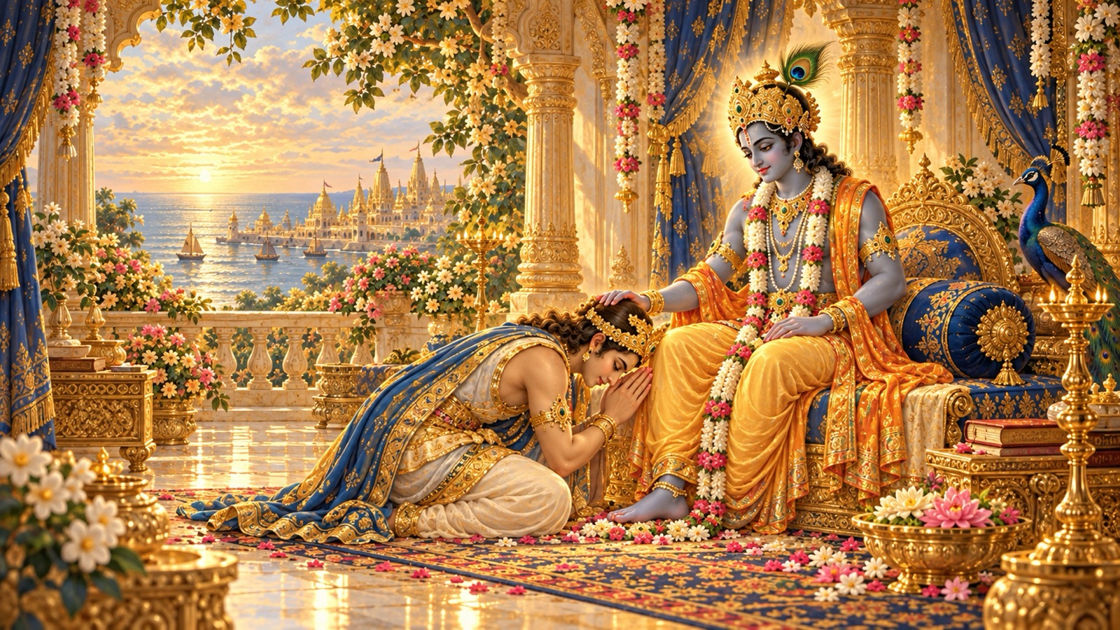 एकान्त में श्रीकृष्ण के चरणों में सिर रखकर, हाथ जोड़कर वियोग न होने की प्रार्थना करते उद्धव