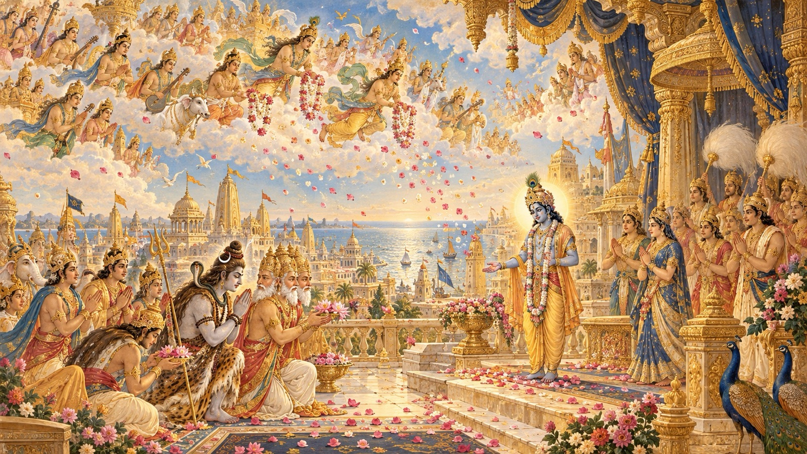 ब्रह्मा तथा शिव के नेतृत्व में द्वारका में उतरते देवगण, श्रीकृष्ण के दर्शन तथा स्तुति करते हुए