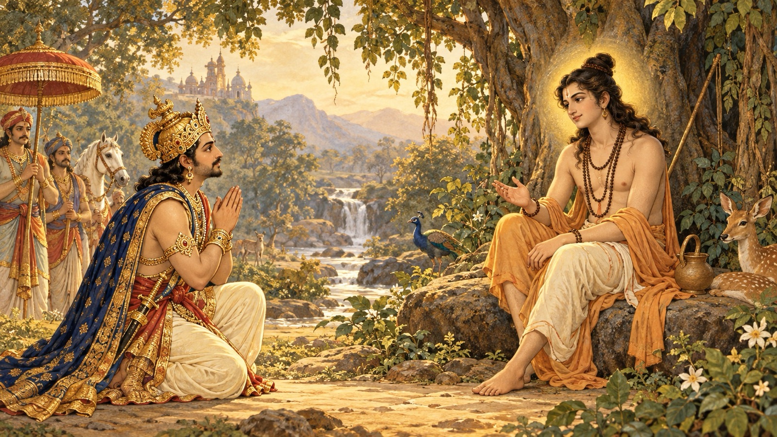 प्राचीन वन में एक शान्त परिव्राजक अवधूत से श्रद्धापूर्वक प्रश्न करते राजा यदु