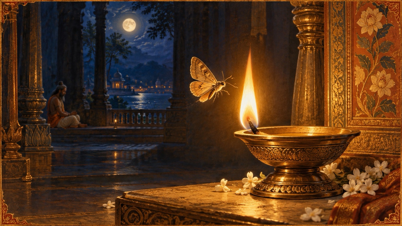दीपक की ज्वाला की ओर आकृष्ट पतंगा, पतंगे से सीखे अनियन्त्रित काम के संकट का प्रतीक