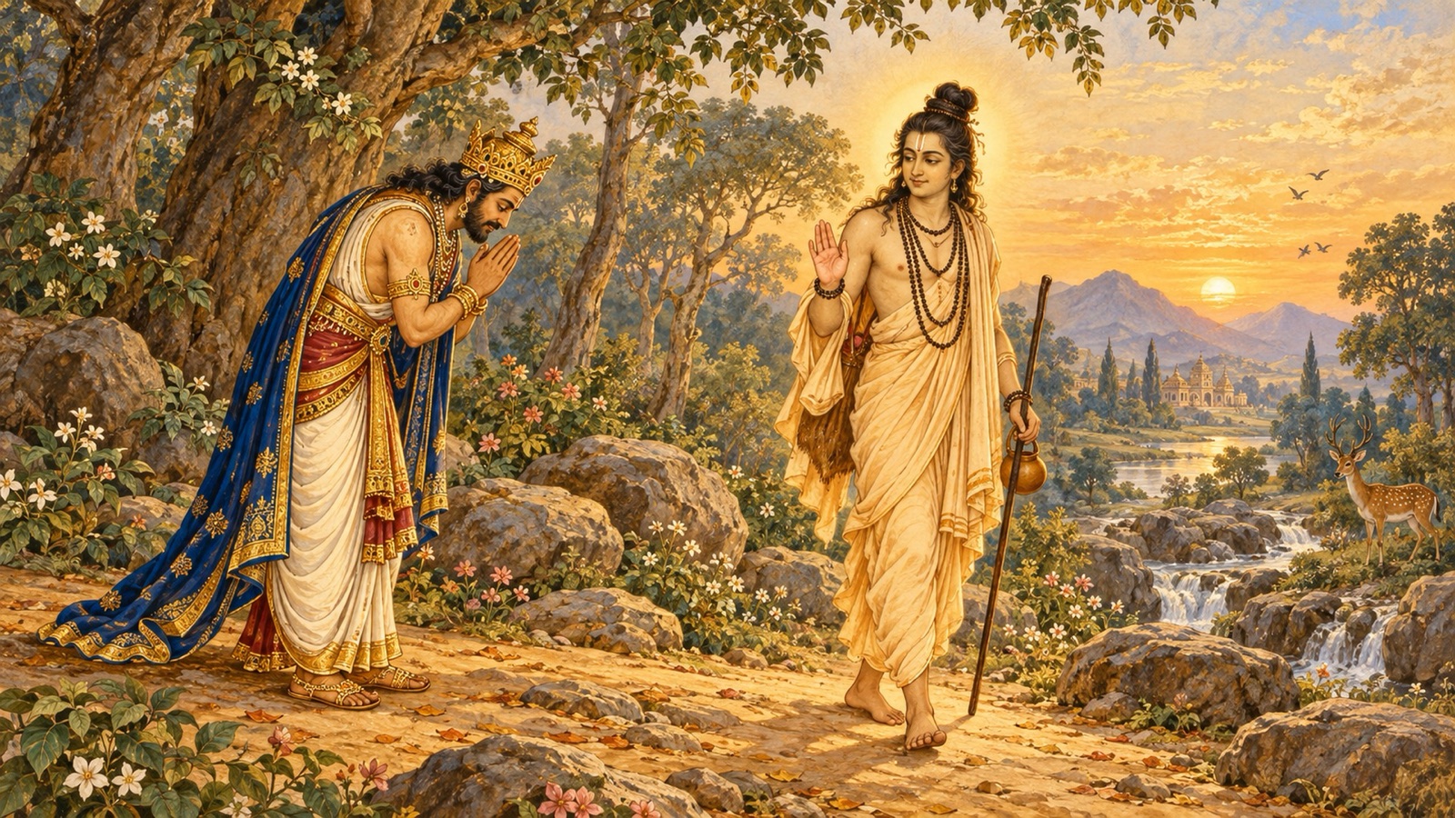 विदा लेते परिव्राजक अवधूत दत्तात्रेय को श्रद्धापूर्वक सम्मानित करते राजा यदु