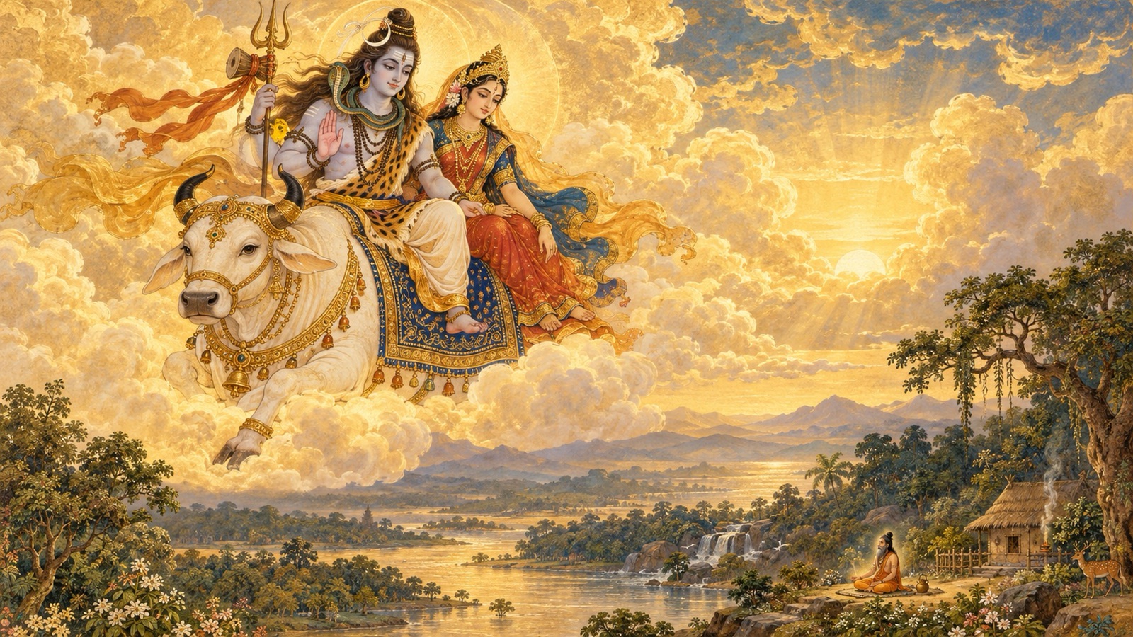 भगवान् शिव तथा देवी उमा बैल पर आकाश-मार्ग से यात्रा करते हुए, नीचे समाधिस्थ ऋषि को देखते हुए