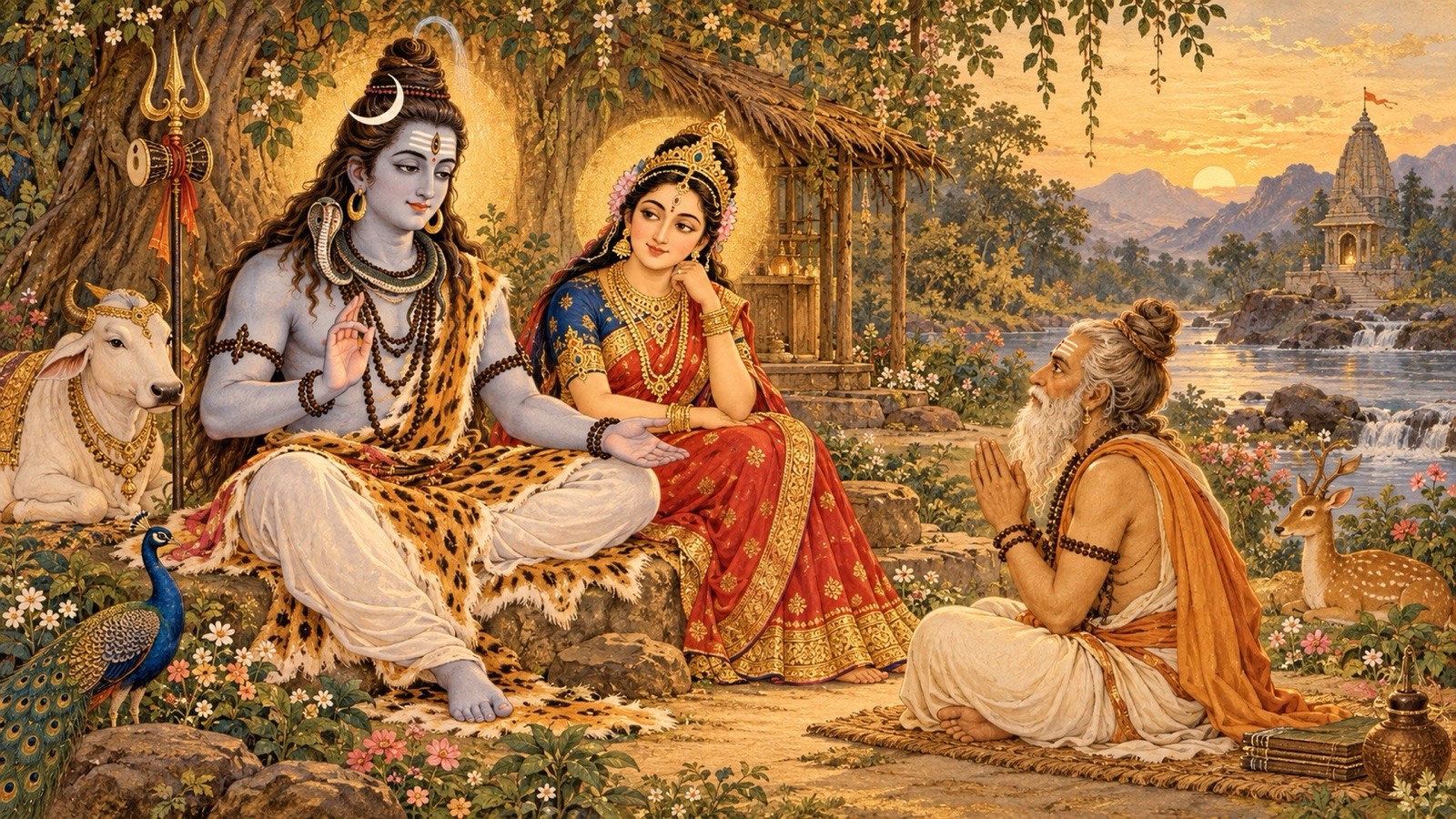 भगवान् शिव मार्कण्डेय से श्रद्धापूर्वक वार्ता करते हुए, शुद्ध-हृदय सन्तों की पावन शक्ति का सम्मान करते हुए