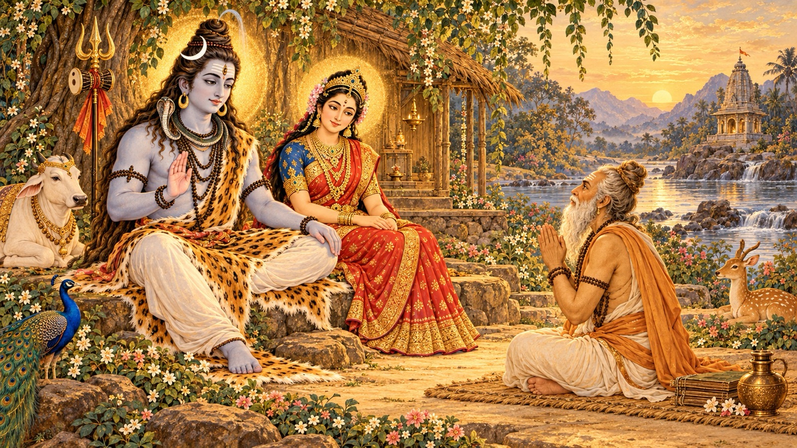 मार्कण्डेय जुड़े हाथों से भगवान् शिव से केवल भगवान् की अटूट भक्ति माँगते हुए