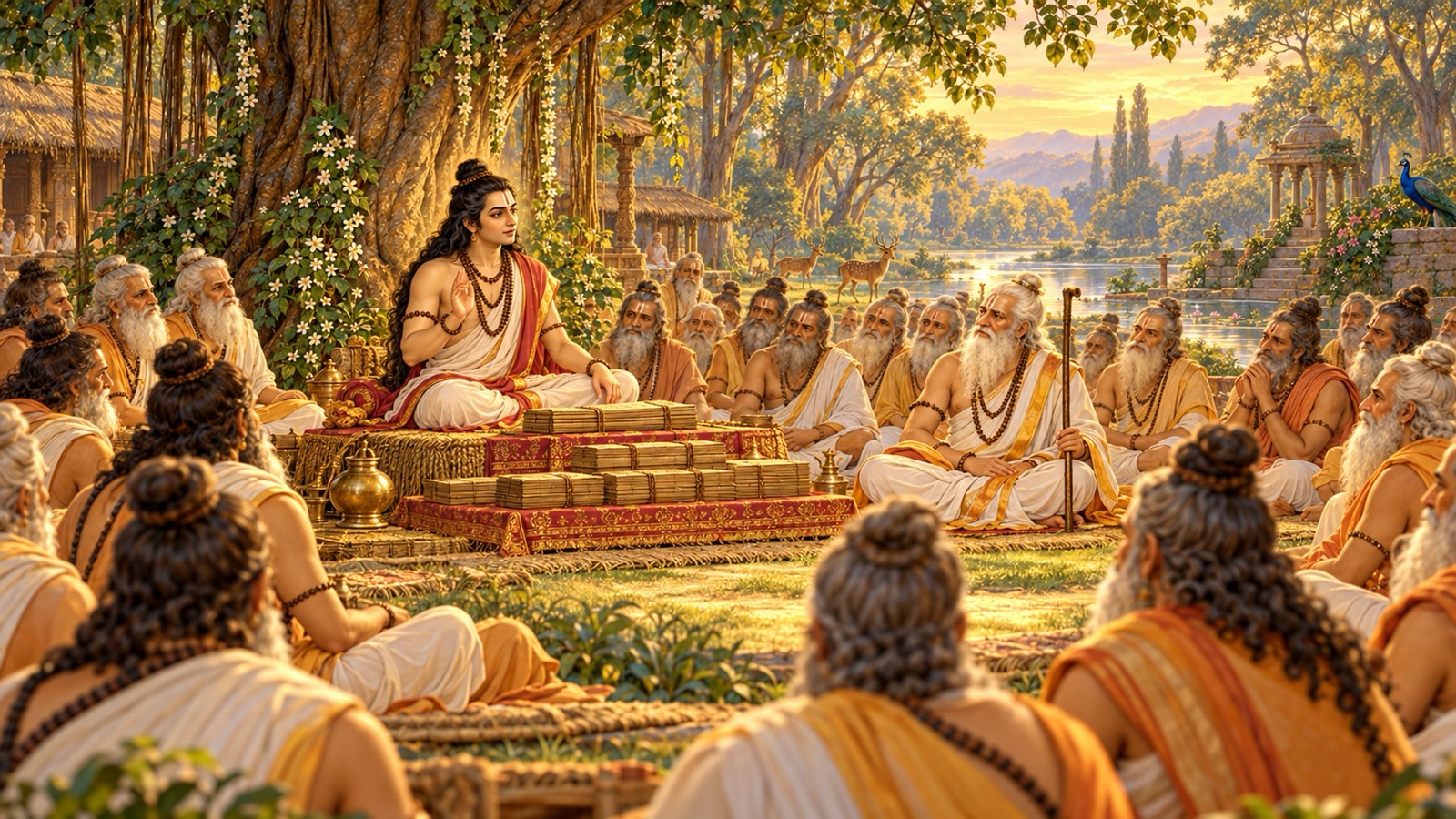 सूत गोस्वामी नैमिषारण्य के ऋषियों के समक्ष विराजमान, सम्पूर्ण श्रीमद्भागवतम् का वर्णन करते हुए