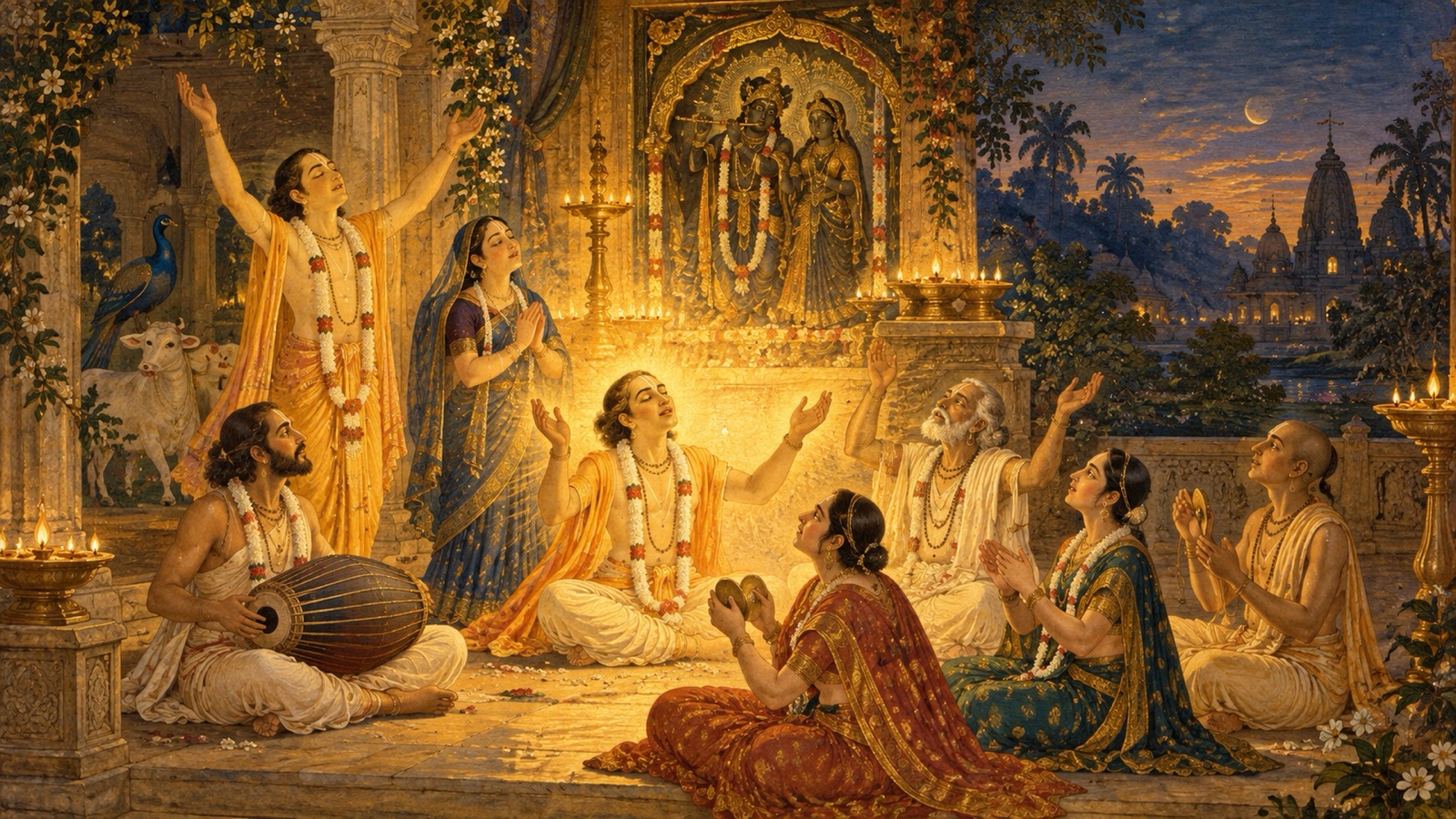 भगवान् के पावन नाम का कीर्तन करते भक्त, दीप्तिमान प्रकाश युग के अन्धकार को दूर करता हुआ