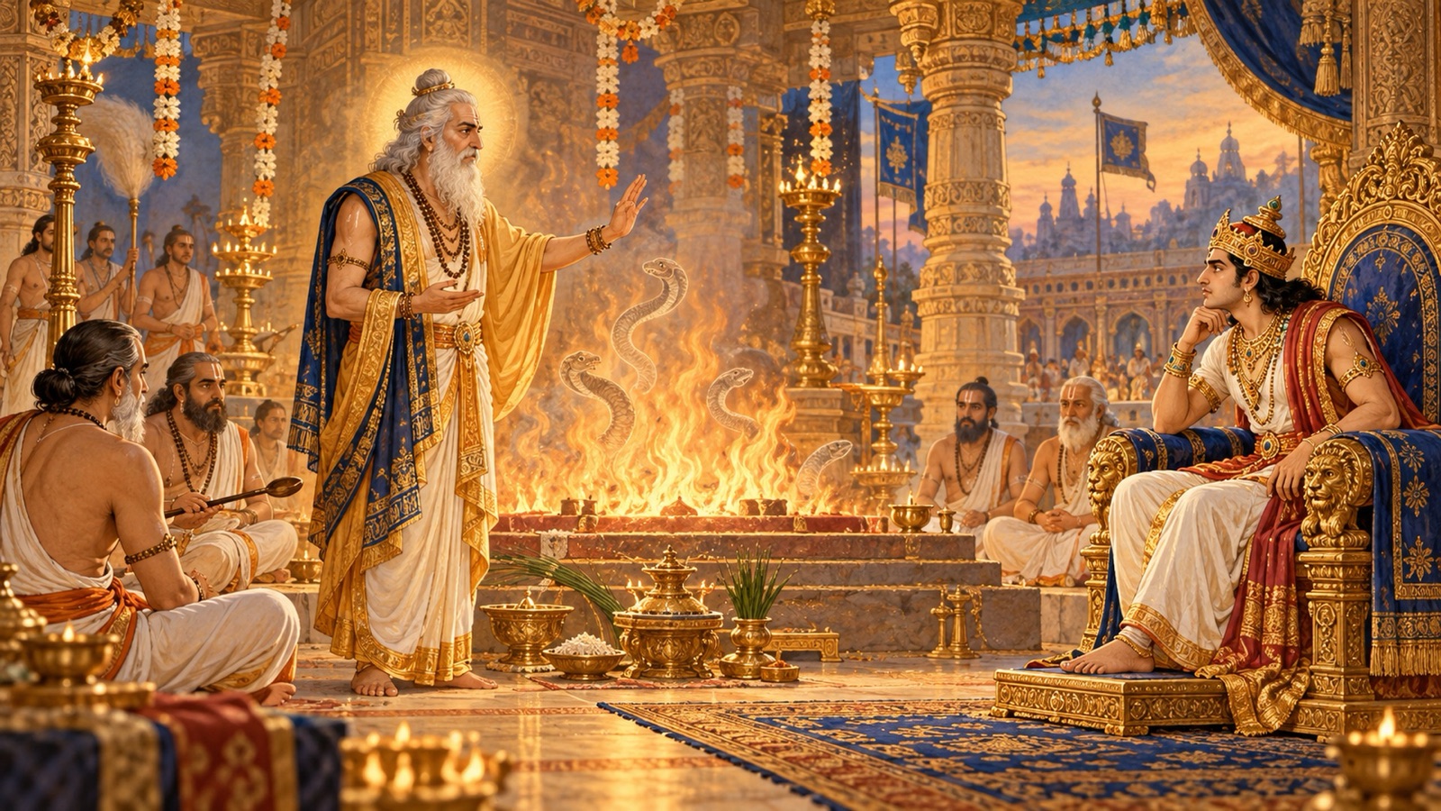 जनमेजय के यज्ञ की ज्वालाओं में गिरते सर्प, जब बृहस्पति राजा को उपदेश देते हैं