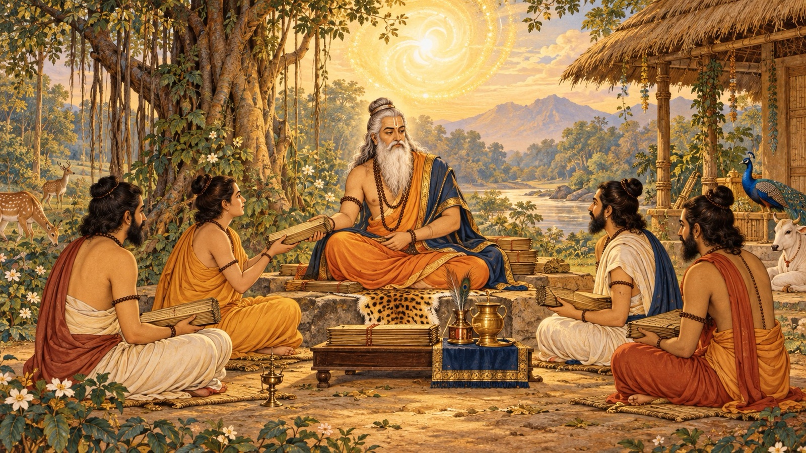 ऋषि वेदव्यास एक वेद को उसकी चार शाखाओं में विभक्त कर अपने शिष्यों को सौंपते हुए