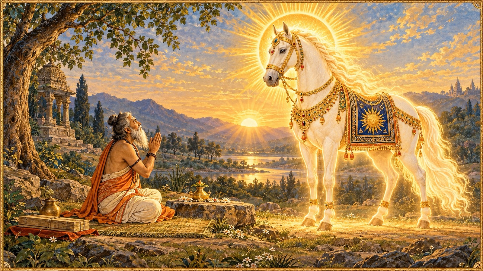 ऋषि याज्ञवल्क्य सूर्यदेव की उपासना करते हुए, जो यजुर्वेद प्रदान करने अश्व के रूप में प्रकट होते हैं