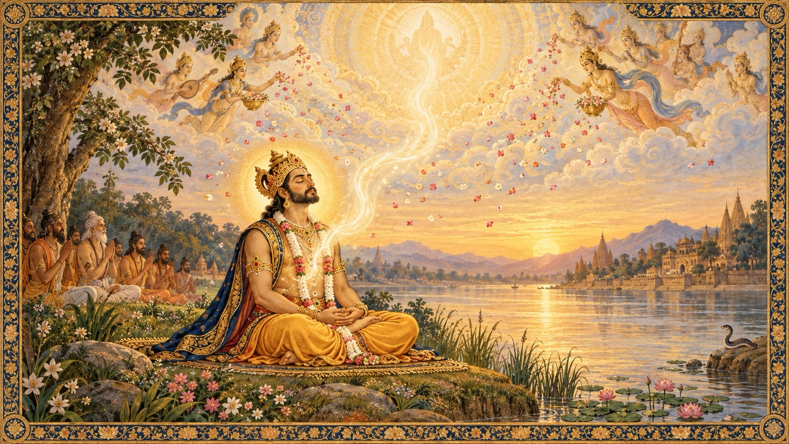 राजा परीक्षित गंगा के तट पर अपनी आत्मा को ब्रह्म में लीन करते हुए, जब स्वर्ग से पुष्प बरसते हैं