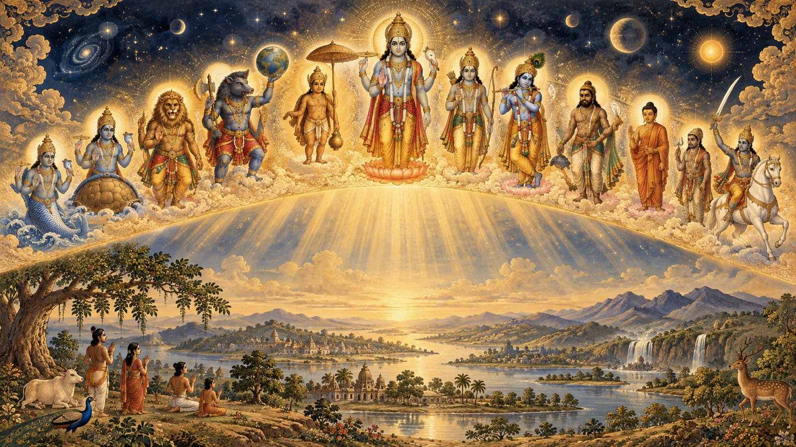 जगत् तथा शाश्वत मार्ग की रक्षा हेतु युग-युग में प्रकट होते भगवान् विष्णु के अवतारों की एक शान्त श्रेणी