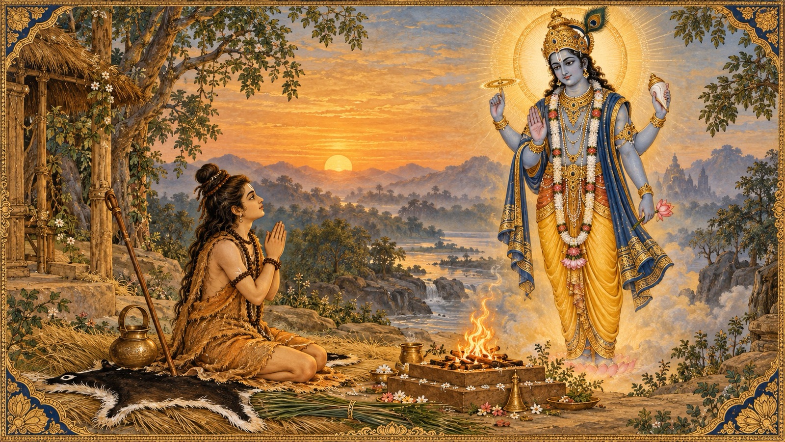 वल्कल तथा जटा धारण किए मार्कण्डेय यज्ञाग्नि के माध्यम से श्रीहरि की उपासना करते हुए