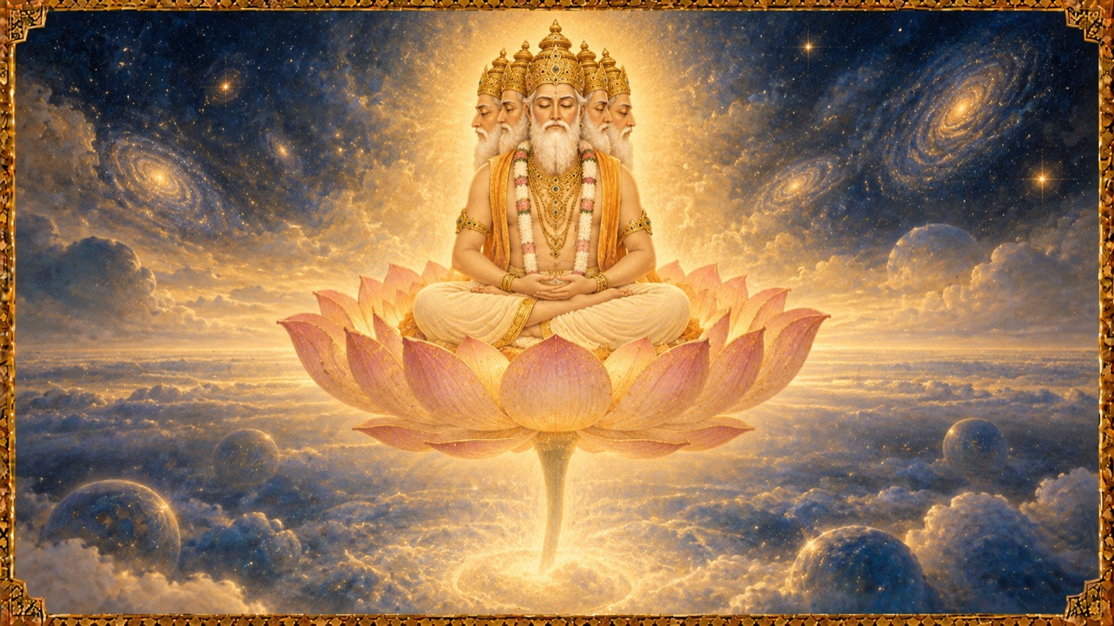 भगवान् ब्रह्मा भगवान् के ब्रह्माण्डीय रूप पर गहन ध्यानमग्न होकर सृष्टि का विस्मृत ज्ञान पुनः प्राप्त करते हुए
