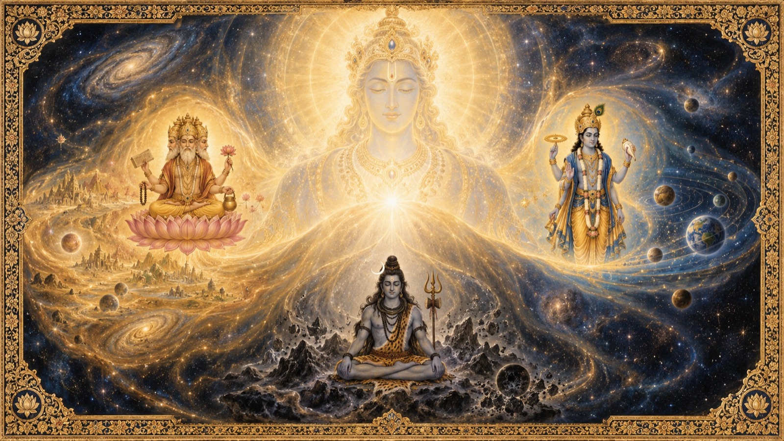 परम पुरुष विष्णु, ब्रह्मा तथा शिव के रूप में तीन शक्तियाँ धारण करते हुए, ब्रह्माण्ड की सृष्टि, पालन तथा संहार हेतु