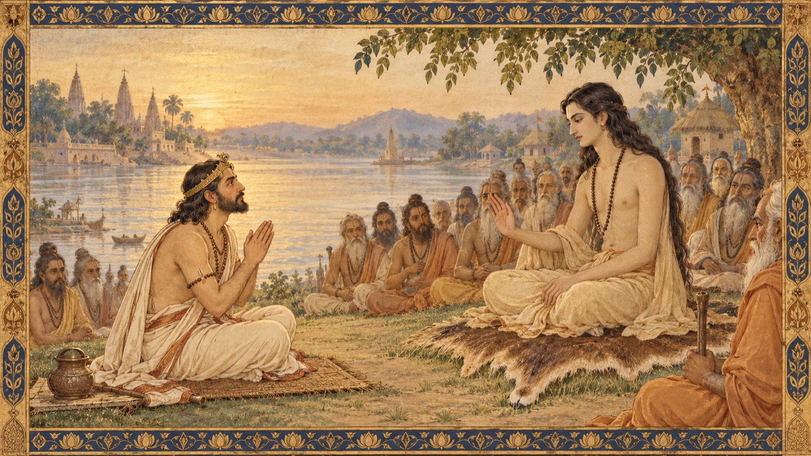 राजा परीक्षित गंगा-तट पर हाथ जोड़कर श्रीशुकदेव गोस्वामी से विविध प्रश्न पूछते हुए
